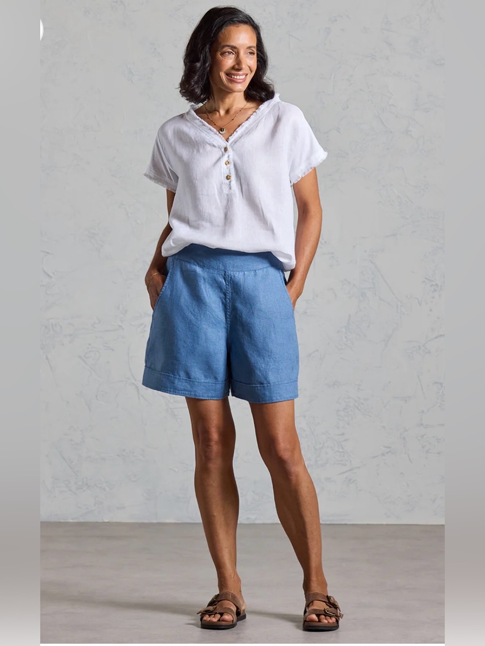 NOMAD THE LABEL PAROS FRENCH LINEN SHORTS BLUE XS SZ 8 MEDIUM FLAX STRETCH WAIST